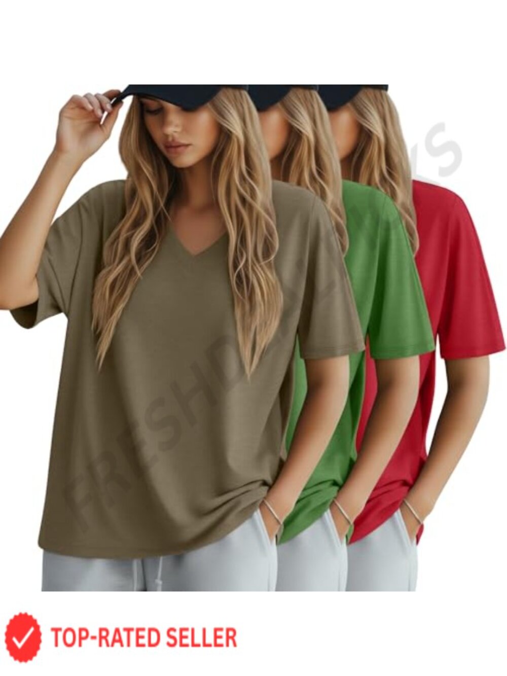 Women's Oversized Cotton T-Shirt V-Neck Short Sleeve Loose Fit 3 Pack